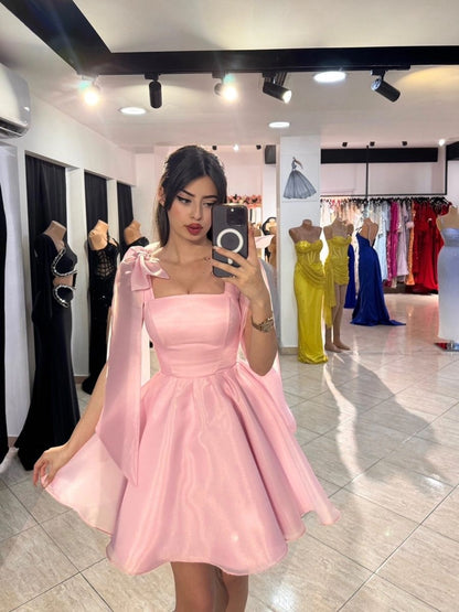 Elegant Pink Square Neck A-Line Short Homecoming Dress With Bow Straps AS545
