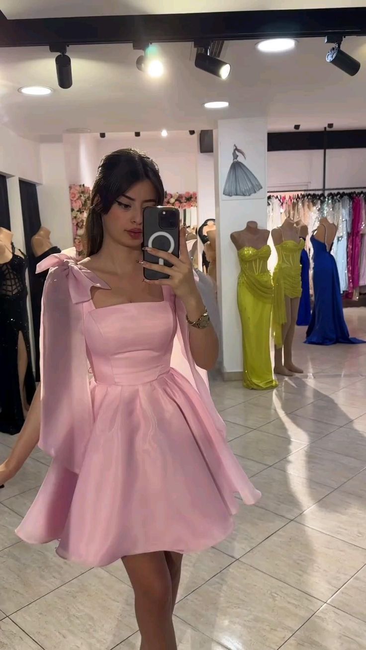 Elegant Pink Square Neck A-Line Short Homecoming Dress With Bow Straps AS545
