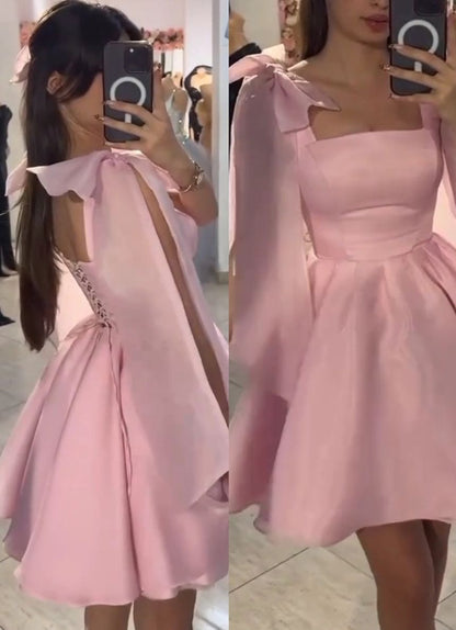 Elegant Pink Square Neck A-Line Short Homecoming Dress With Bow Straps AS545