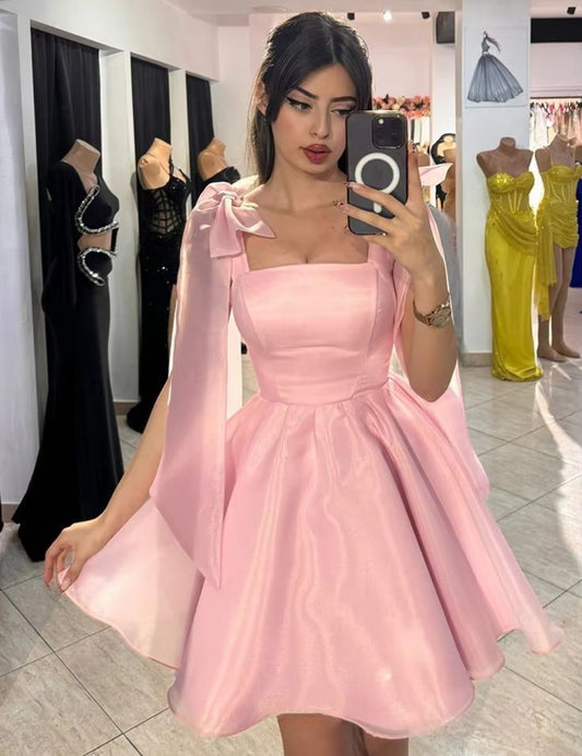 Elegant Pink Square Neck A-Line Short Homecoming Dress With Bow Straps AS545