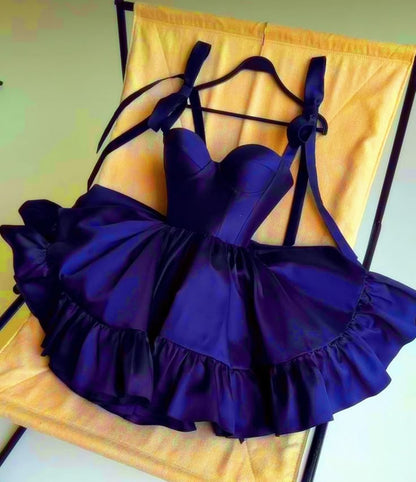 Glamorous Dark Blue Sweetheart Neck A-Line Short Homecoming Dress With Bow Tie Straps And Ruffled Skirt AS547