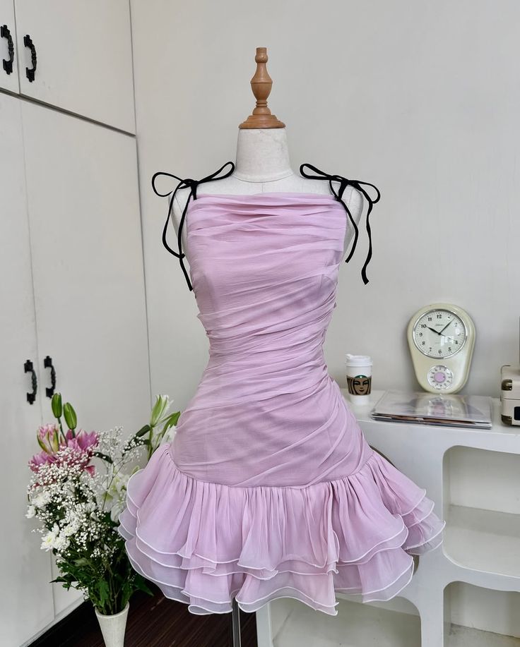 Romantic Pink Spaghetti Bow Straps Sheath Homecoming Dress With Ruched Bodice And Tiered Ruffle Skirt AS548