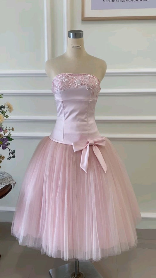 Elegant Light Pink Strapless Beaded Lace Bodice A Line Midi Homecoming Dress With Satin Bow Waist And Tulle Skirt AS549