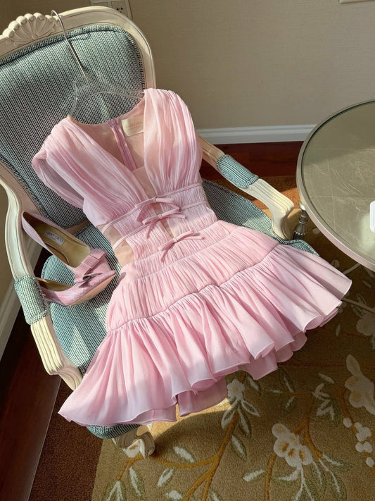 Soft Light Pink V-Neck A Line Short Homecoming Dress With Bow Detail And Ruffle Skirt AS550