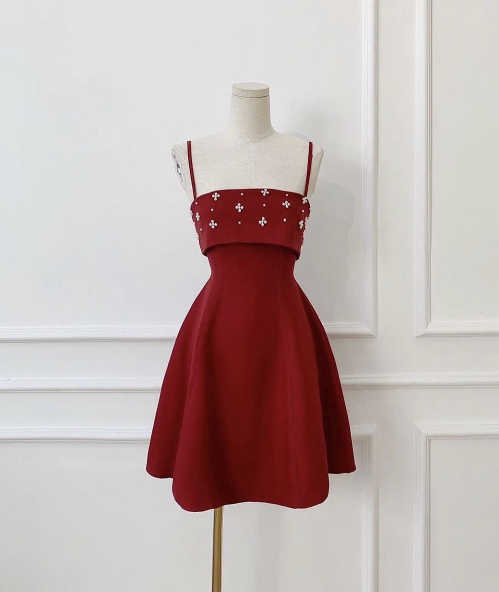 Elegant Burgundy Spaghetti Straps A Line Short Homecoming Dress With Beaded Detail AS551