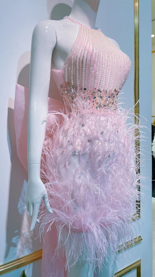 Luxury Pink Halter Bodycon Mini Homecoming Dress With All-Over Beading And Feather Trim AS553