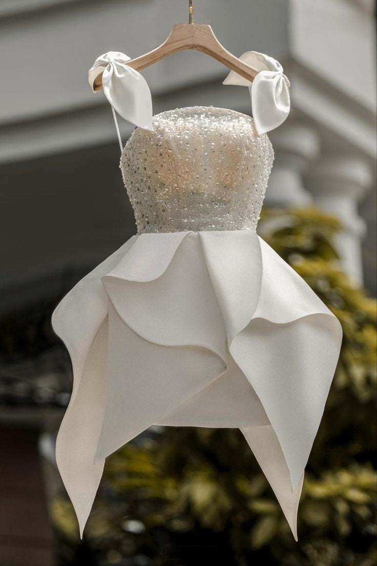 Regal White A Line Homecoming Dress With Sparkling Beaded Bust, Satin Bow Straps Detail And Asymmetrical Flared Skirt AS555