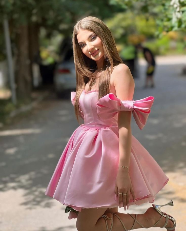 Enchanting Pink Sweetheart Neck A Line Mini Homecoming Dress With Bow Sleeves AS557