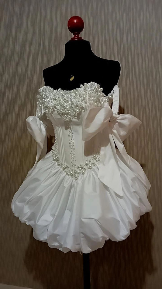 Opulent White Off-The-Shoulder A Line Balloon Skirt Homecoming Dress With Pearl-Embellished Corset Bodice & Bow Detail AS559