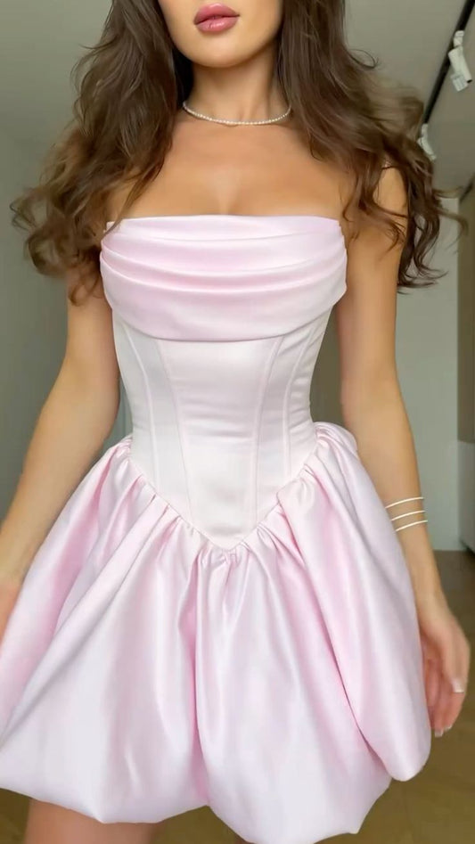 Elegant Blush Pink Strapless Corset Bodice Short Homecoming Dress With Pleated Bust AS562