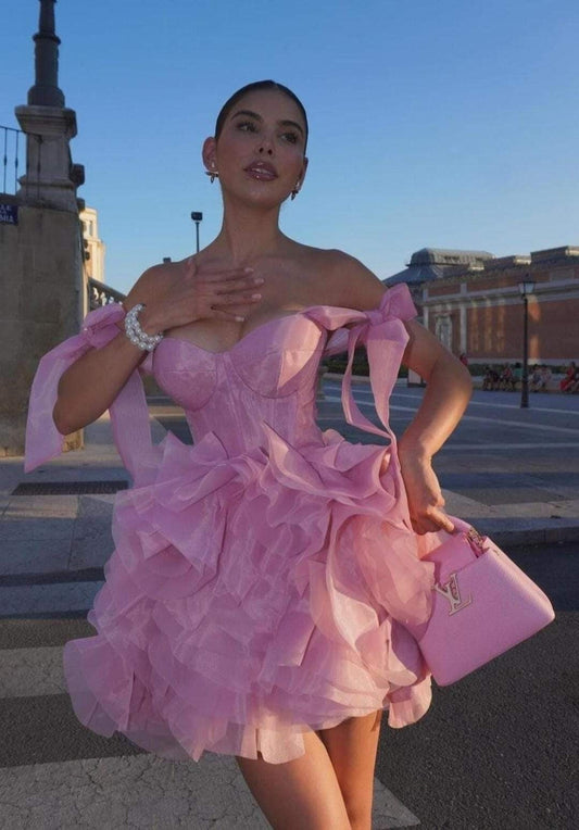 Ethereal Pink Sweetheart Neck A Line Short Homecoming Dress With Bows Straps And Cascading Ruffle Hem AS563