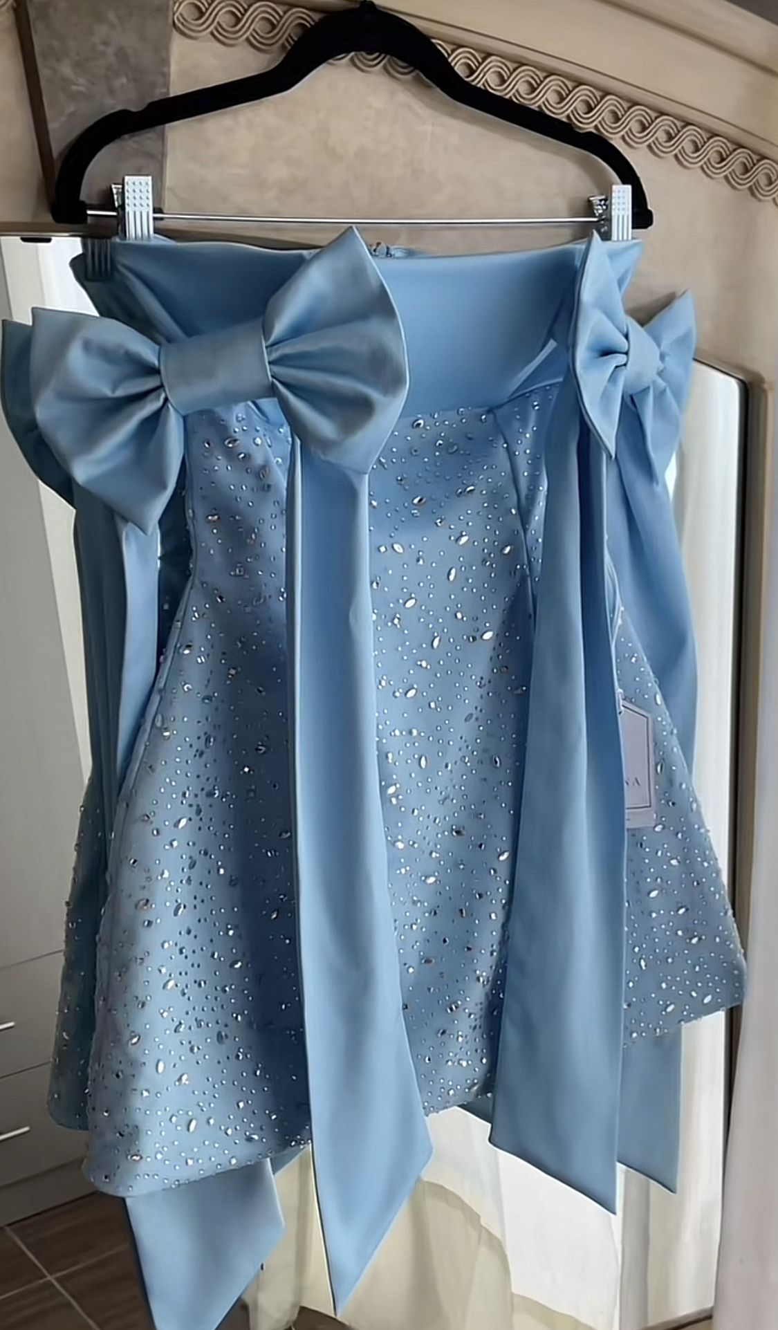 Regal Blue Strapless A-Line Mini Homecoming Dress With Statement Side Bows And Sparkling Rhinestone Embellishment AS564
