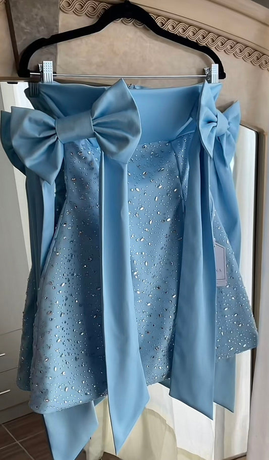Regal Blue Strapless A-Line Mini Homecoming Dress With Statement Side Bows And Sparkling Rhinestone Embellishment AS564