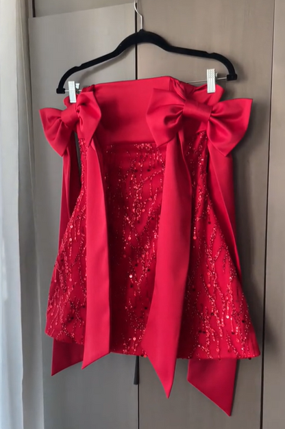 Opulent Blush Pink Off-Shoulder A-Line Sequins Mini Homecoming Dress With Statement Side Bows AS569