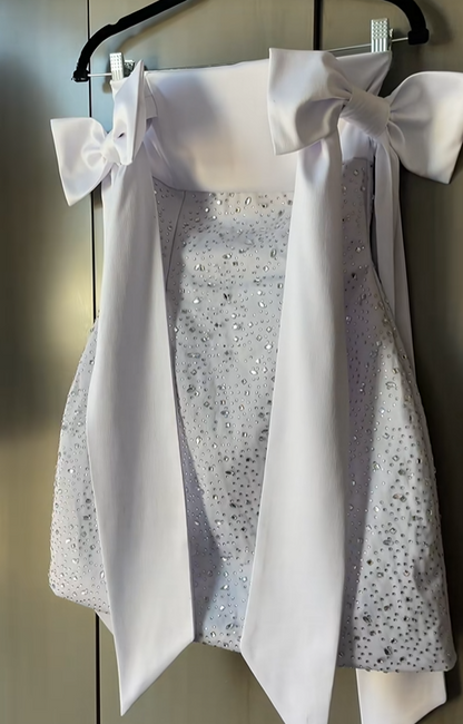 Opulent Blush Pink Off-Shoulder A-Line Sequins Mini Homecoming Dress With Statement Side Bows AS569