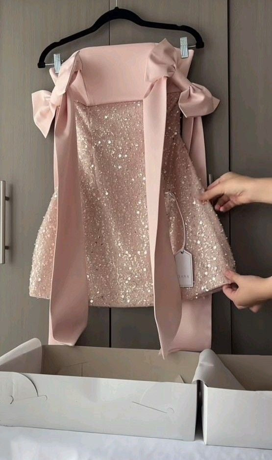 Opulent Blush Pink Off-Shoulder A-Line Sequins Mini Homecoming Dress With Statement Side Bows AS569