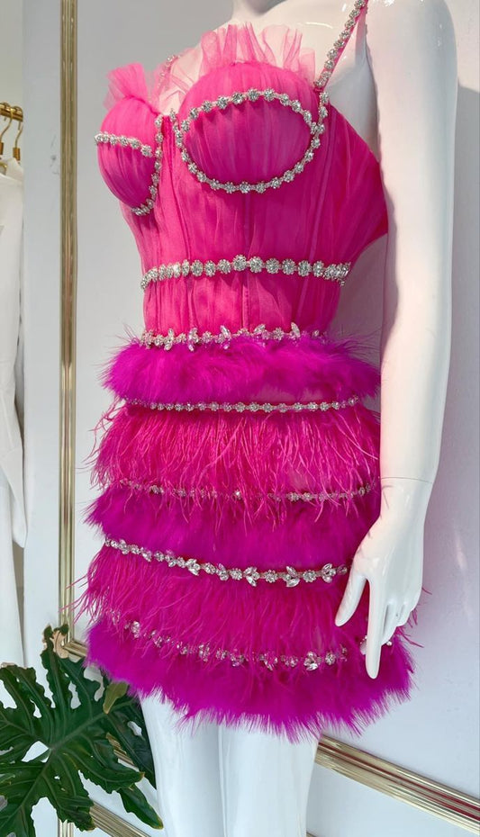 Glamorous Fuchsia Beaded Straps Rhinestone-Trimmed And Layered Feather Hem Bodycon Short Homecoming Dress AS572
