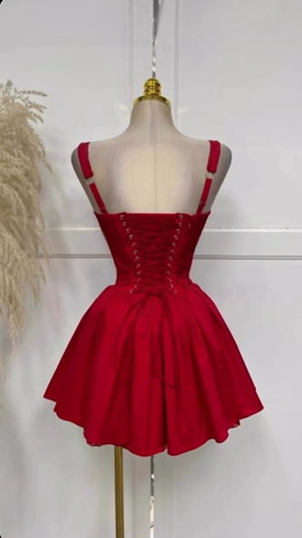 Edgy Romantic Red Straps A Line Short Homecoming Dress With Lace-Trimmed Corset Bodice AS573