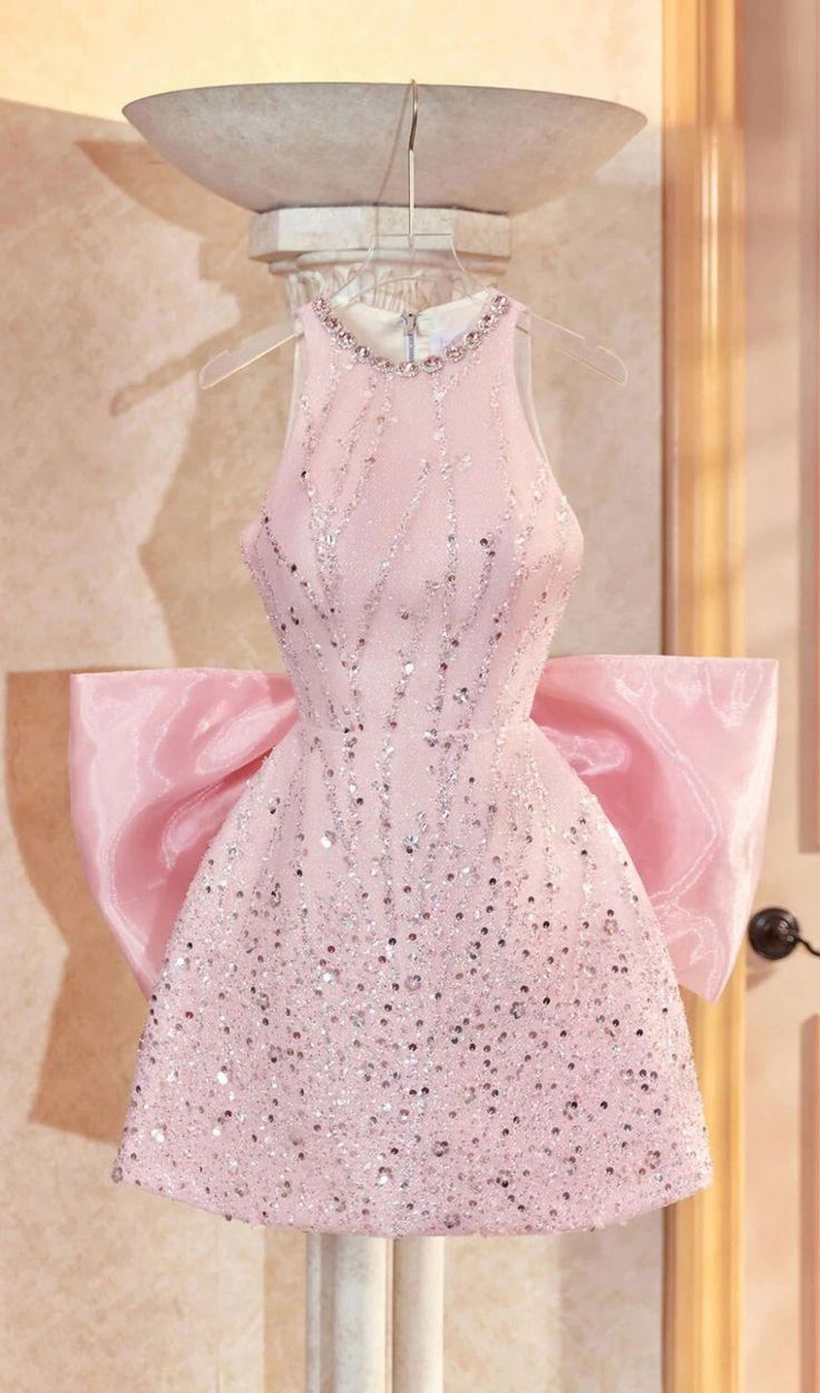 Regal Blush Pink Beaded Straps Neckline Sparkle Sequin A Line Short Homecoming Dress With Back Oversized Bow AS574