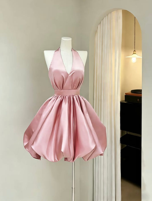 Regal Pink Deep V Halter A Line Bubble Hem Short Homecoming Dress AS577