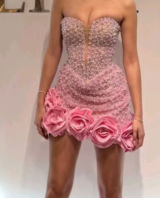 Glamorous Pink Sweetheart Neck Bodycon Short Homecoming Dress With All-Over Beading And Floral Hem AS579