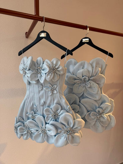Opulent White Strapless A Line Mini Homecoming Dress With 3D Satin Flowers And Beaded Embellishments AS581