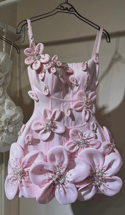 Enchanting Pink Spaghetti Straps A-Line Short Homecoming Dress With 3D Flower Appliques And Beaded Embellishments AS582