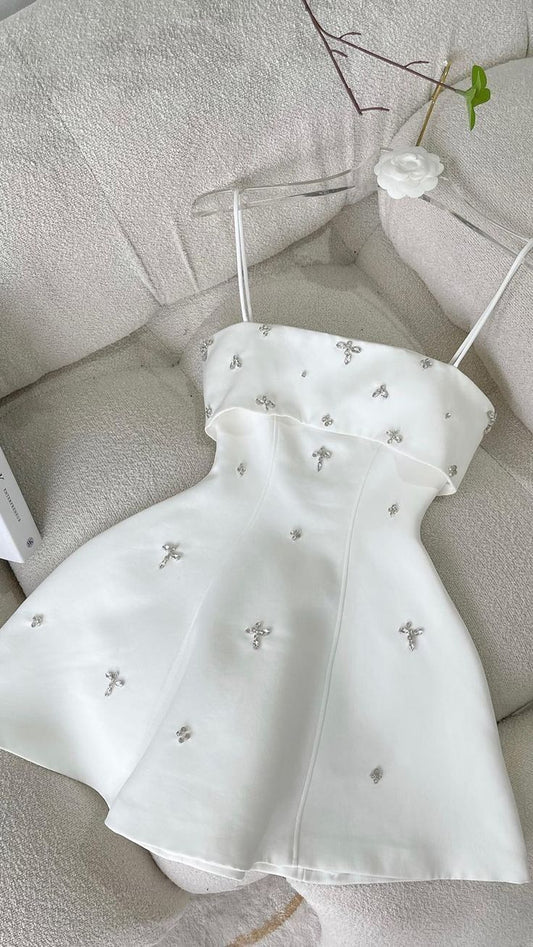 Elegant White Spaghetti Straps A-Line Mini Homecoming Dress With Cross Crystal Embellishments AS583