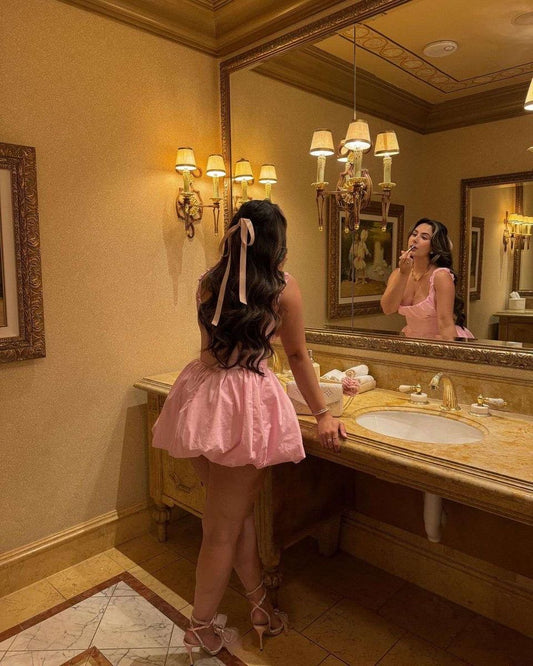 Playful Light Pink Square Neck Straps A Line Bubble Skirt Mini Homecoming Dress AS584