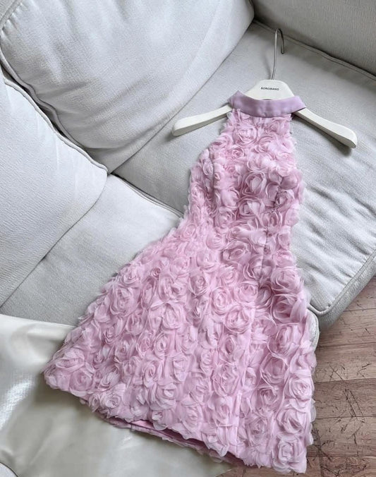 Romantic Blush Pink Halter A-Line Short Homecoming Dress With Floral Overlay AS594