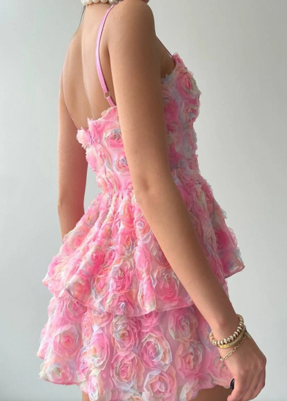 Romantic Pink Spaghetti Straps A Line Mini Homecoming Dress With 3D Rose Appliques & Tiered Skirt AS599