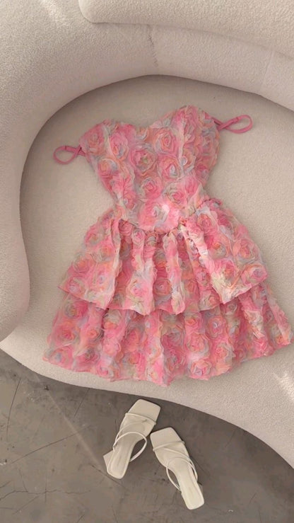 Romantic Pink Spaghetti Straps A Line Mini Homecoming Dress With 3D Rose Appliques & Tiered Skirt AS599