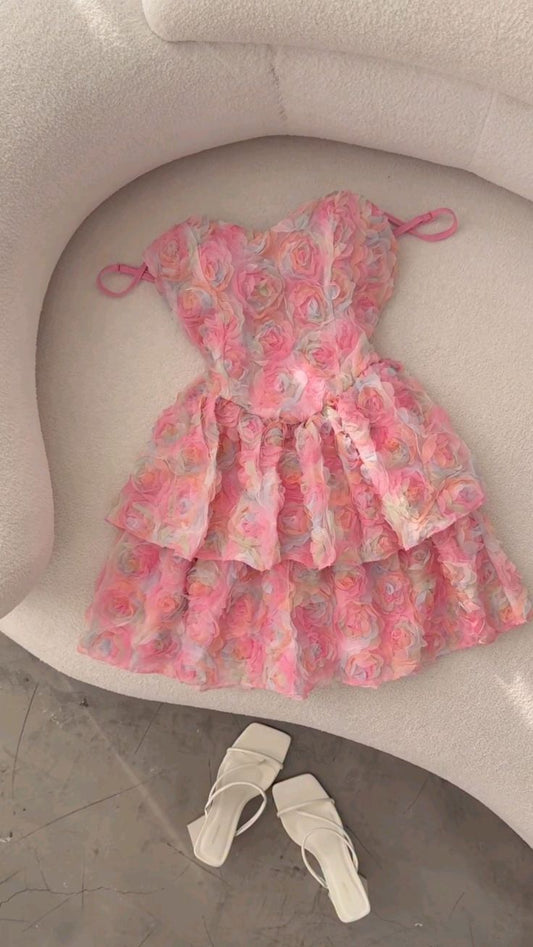 Romantic Pink Spaghetti Straps A Line Mini Homecoming Dress With 3D Rose Appliques & Tiered Skirt AS599