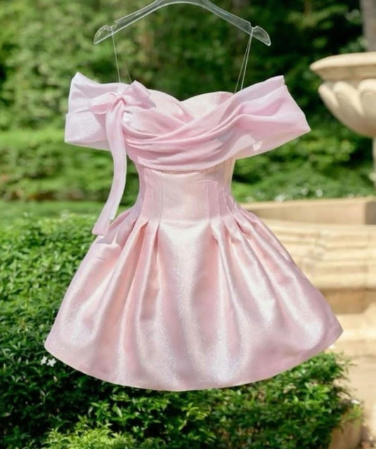 Elegant Light Pink Off-Shoulder A Line Short Homecoming Dress With Bow Detail AS600