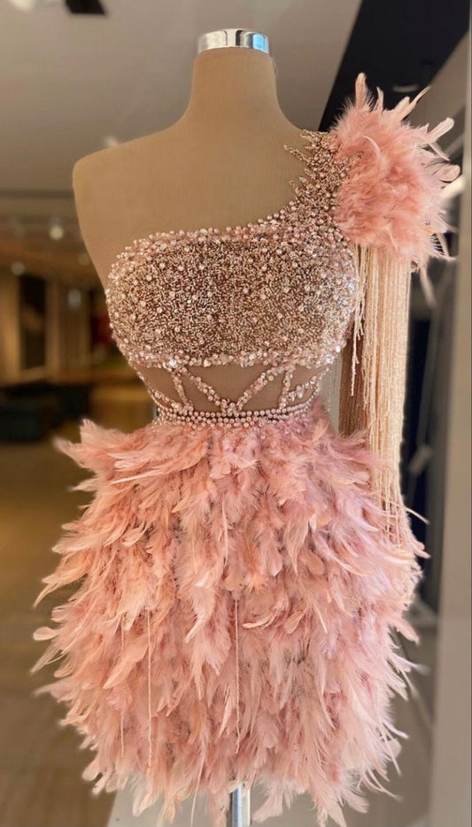 Opulent Rose Gold One-Shoulder Beaded Bodycon Mini Homecoming Dress With Feather And Tassel Accents AS601