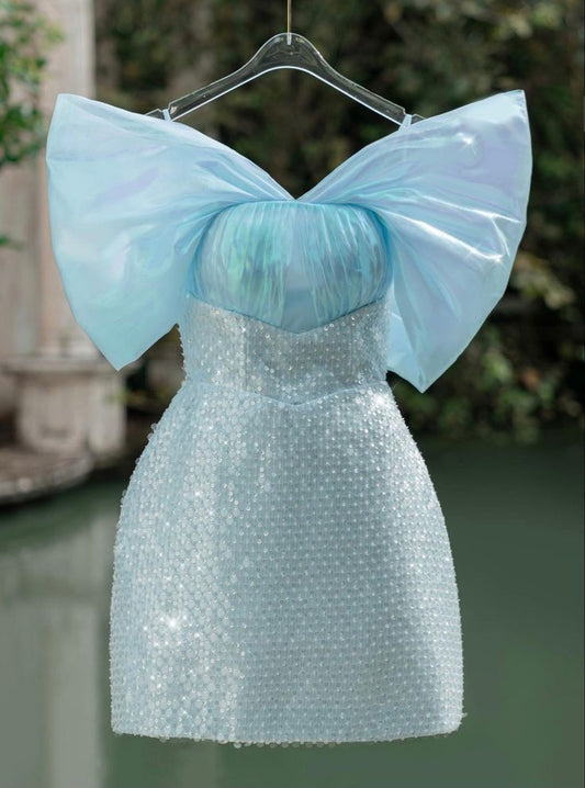 Whimsical Blue Off-Shoulder Bodycon Sequin Mini Homecoming Dress AS605