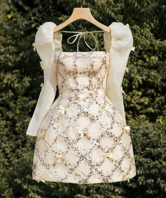 Whimsical Light Yellow Square Neck Sequin A Line Mini Dress With Puff Sleeves & Bow Details AS606