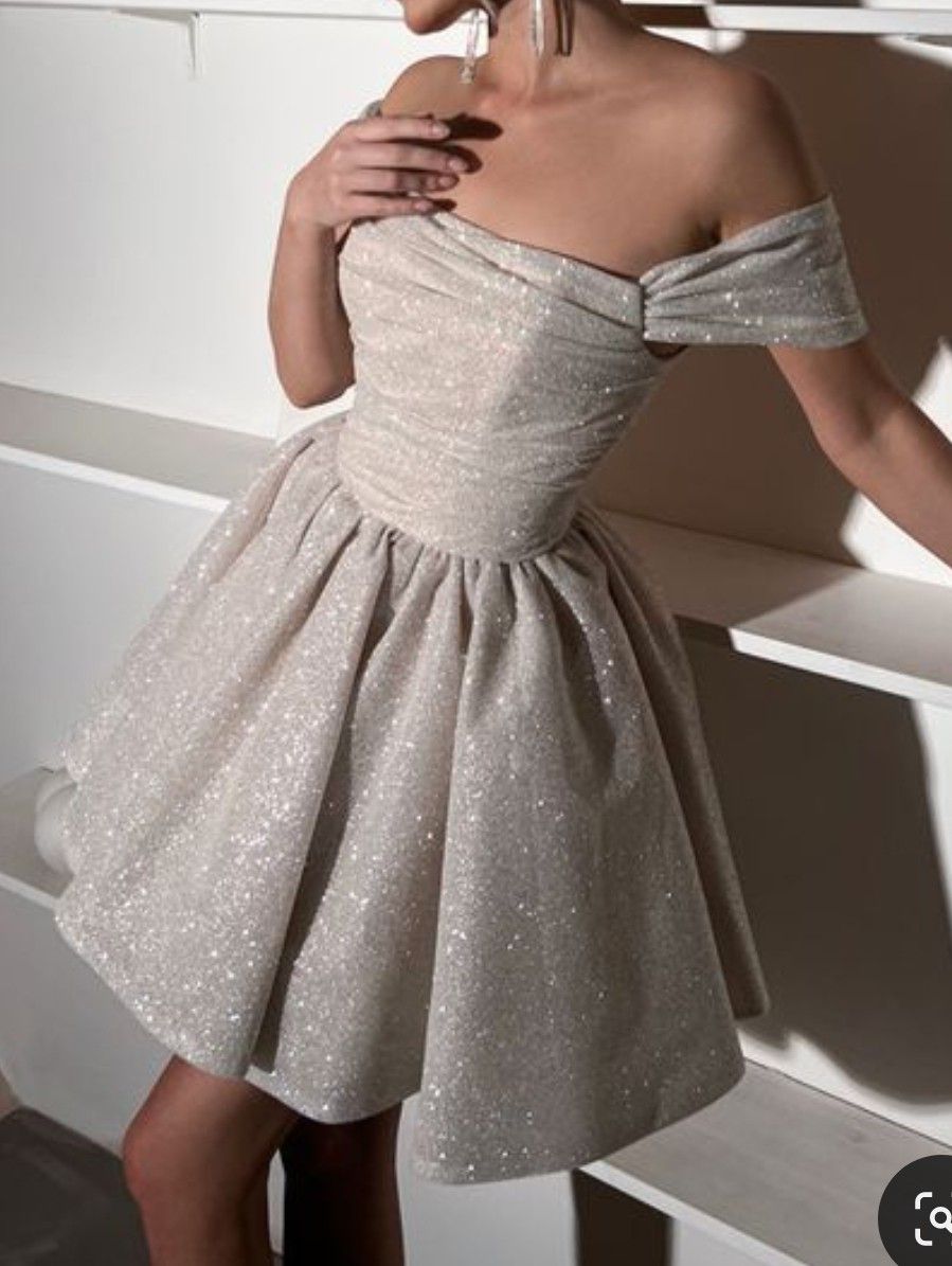 Sparkling Champagne Off-The-Shoulder Sequin Short A Line Homecoming Dress AS607