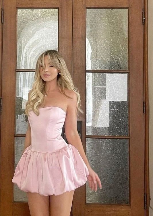 Playful Pink Strapless A Line Bubble Hem Mini Homecoming Dress AS609