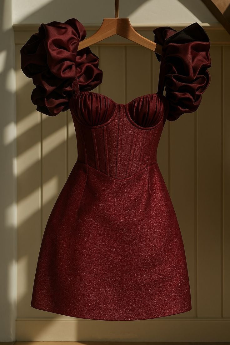 Glamorous Burgundy Sweetheart Neck Mini A Line Homecoming Dress With Puff Sleeves AS612