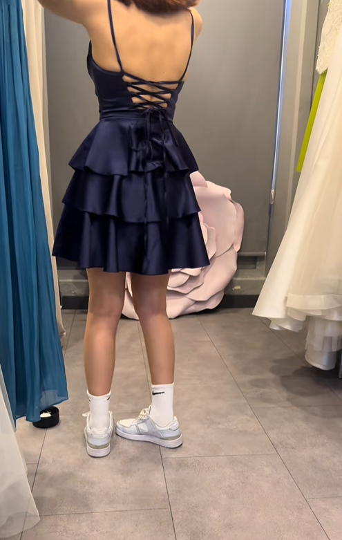 Chic Navy Spaghetti Straps Layered Silhouette A Line Short Homecoming Dress With Tiered Satin Skirt AS613