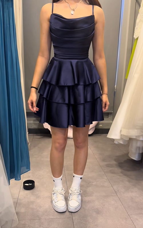 Chic Navy Spaghetti Straps Layered Silhouette A Line Short Homecoming Dress With Tiered Satin Skirt AS613