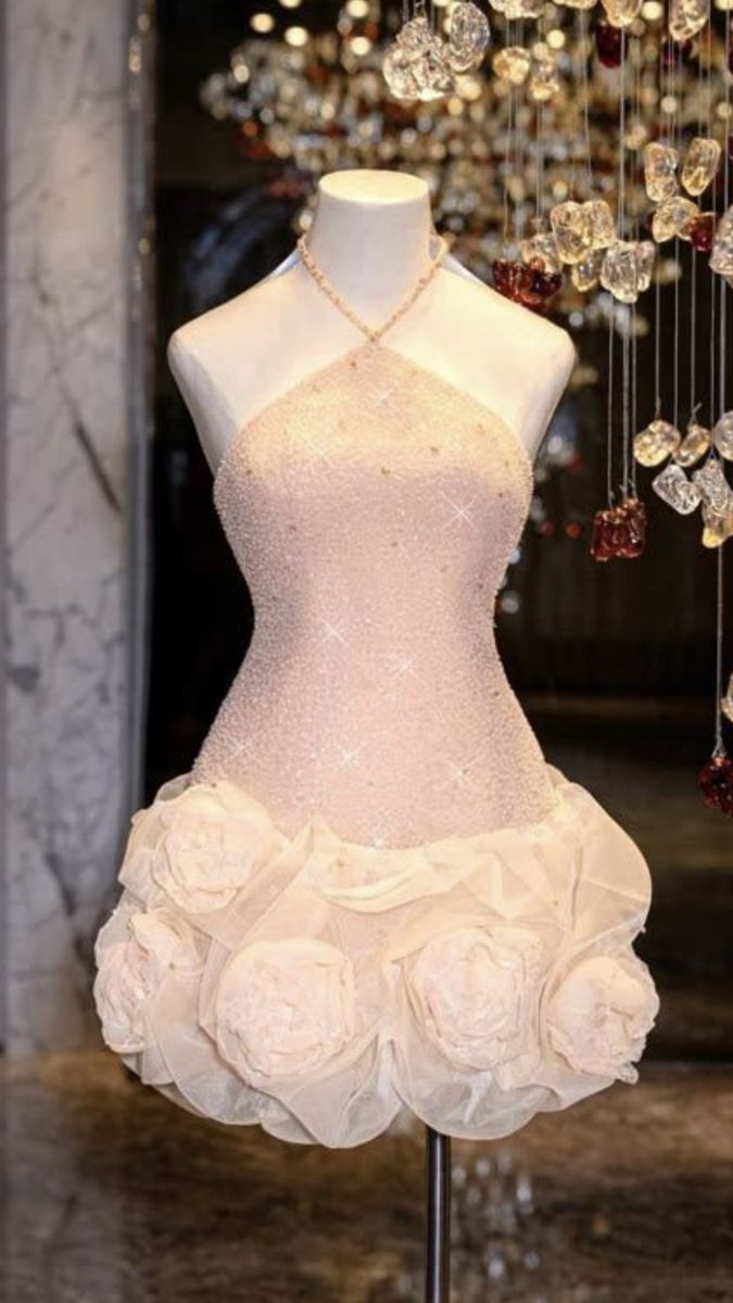 Opulent Blush Pink Halter Neck Sequin Bodycon Mini Homecoming Dress With 3D Rose Hem AS614