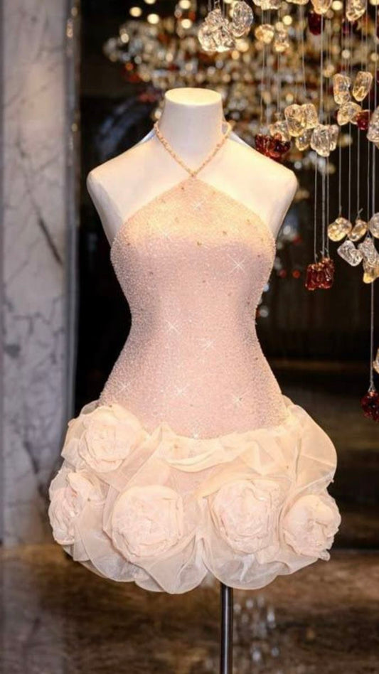 Opulent Blush Pink Halter Neck Sequin Bodycon Mini Homecoming Dress With 3D Rose Hem AS614