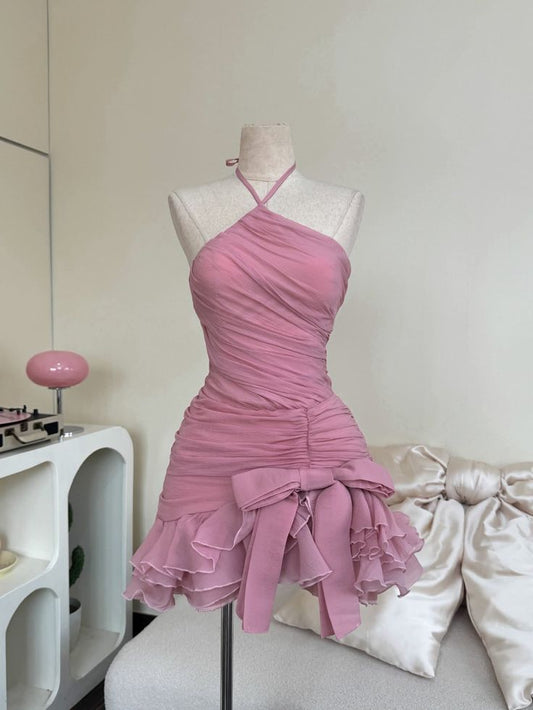Romantic Pink Halter Neck Bodycon Mini Homecoming Dress With Ruffled Skirt & Bow Hem AS615