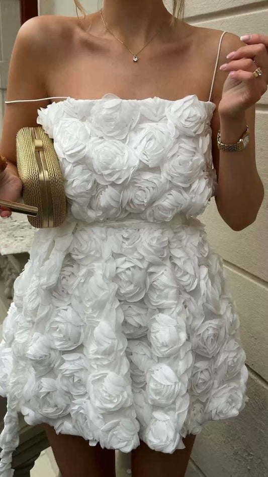 Delicate White Spaghetti Straps A-Line Mini Homecoming Dress With 3D Rose Appliques AS616