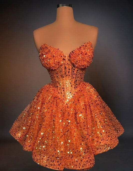 Fiery Orange Sweetheart Beaded Sequin A Line Mini Homecoming Dress AS618