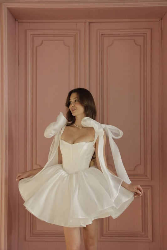 Enchanting White Sweetheart Neck Short A Line Homecoming Dress With Oversized Bow Straps AS619