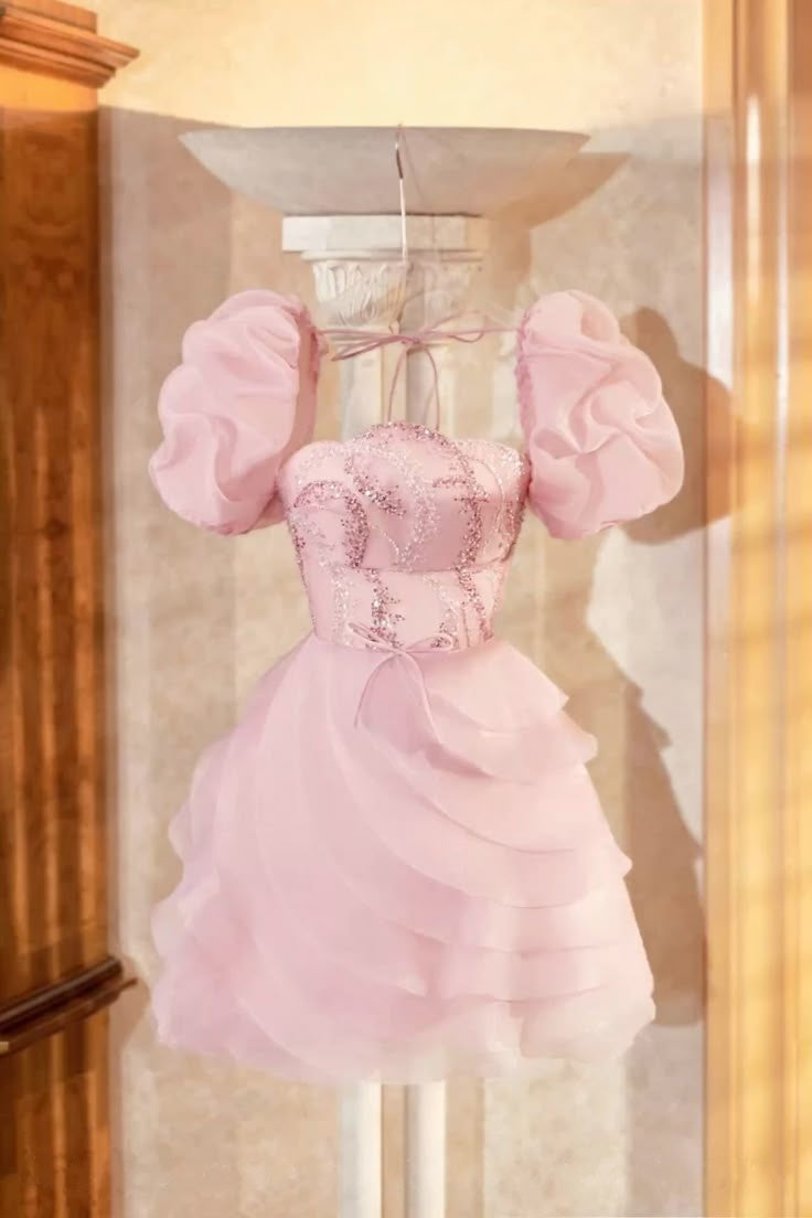 Whimsical Pink Square Neck Puff Sleeves A Line Short Homecoming Dress With Sequin Bodice AS628