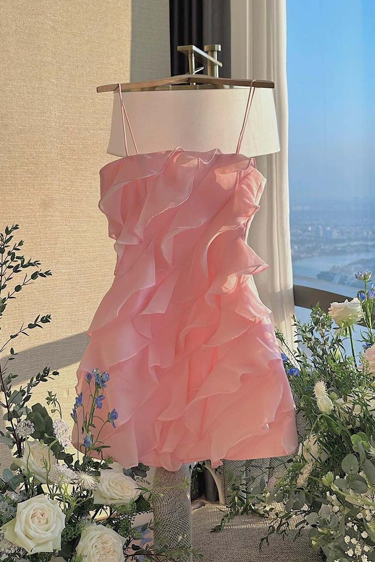 Romantic Pink Spaghetti Straps Sheath Short Homecoming Dress With Tiered Ruffle AS629